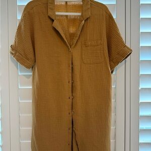 Waffle Knit Casual Button Down Dress in Mustard